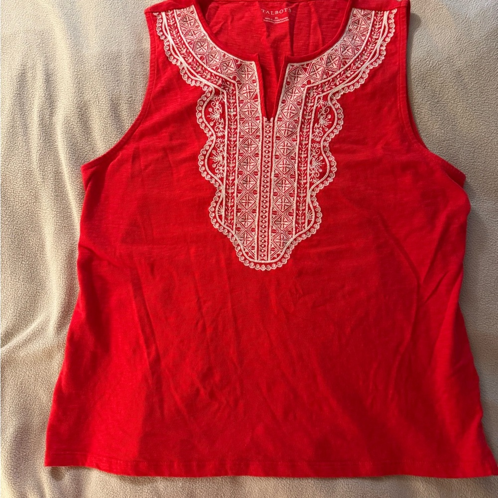 TALBOTS Women 100% Cotton Tank Top  Embroidered Red